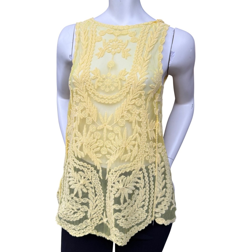 Floral Lace Mesh Top Sleeveless Yellow Boho Camisole Fairycore Cottagecore M